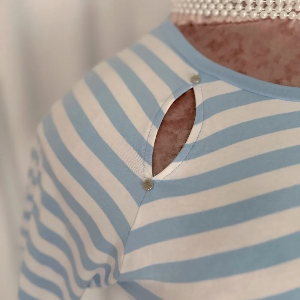 Michael Kors Short Sleeve White and Blue Stripe Women's Shirt (675)